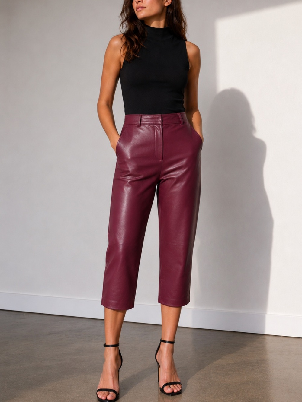 Babaton Aritzia Burgundy Vegan Leather Ankle Pants Size 4